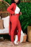 Cardigan solido casual alla moda rosso vino a maniche lunghe in due pezzi (senza t-shirt bianca)