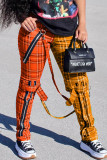 Calças de patchwork laranja moda casual estampa xadrez cintura média