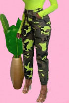 Groene casual broek met camouflageprint, normaal klein elastisch potlood met middelhoge taille