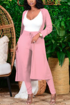 Cardigan uni décontracté à la mode rose à manches longues deux pièces (sans t-shirt blanc)