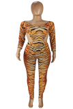 Tangerine Red Sexy Animal Print Patchwork Bateau Neck Long Sleeve Two Pieces