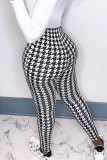 Black And White Casual Print Without Belt Regular Small Elastic High Waist Pencil Bottoms