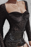 Black Sexy Leopard See-through Square Collar Skinny Bodysuits