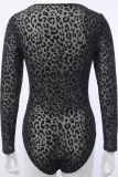 Black Sexy Leopard See-through Square Collar Skinny Bodysuits