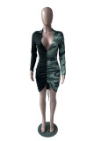 グリーン セクシー プリント パッチワーク V ネック ラップ スカート ドレス