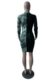 Green Sexy Print Patchwork V Neck Wrapped Skirt Dresses