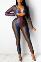 Macacão skinny de retalhos sexy moda multicolorida e vazada