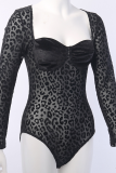 Body skinny noir sexy léopard transparent à col carré