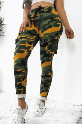 Yellow Fashion Casual Camouflage Print Mid Waist Trousers