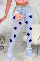 Dark Blue Sexy Star Print Ripped Mid Waist Flare Leg Boot Cut Denim Jeans