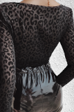 Body preto sexy leopardo transparente com gola quadrada