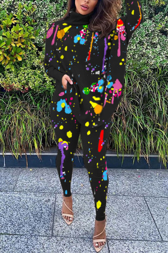 Black Daily Print Slit Turtleneck Long Sleeve Two Pieces