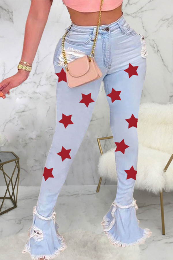 Red Sexy Star Print Ripped Mid Waist Flare Leg Boot Cut Denim Jeans