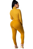 Trajes casuales de dos piezas amarillos Conjunto de pantalones de dos piezas de manga larga con lápiz de patchwork liso