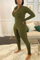 Army Green Fashion Casual Solid Basic Skinny Jumpsuits mit Reißverschlusskragen
