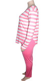 Pink Casual Striped Print Patchwork O Neck Plus Size 