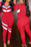 Roter lässiger Sportswear-Patchwork-Patchwork-Reißverschluss-Kragen-Langarm-Zweiteiler