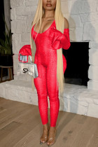 Macacão vermelho moda casual com decote em V sólido