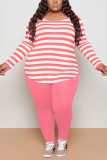 Pink Casual Striped Print Patchwork O Neck Plus Size 