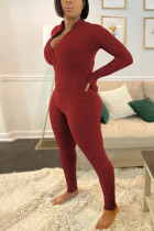 Rote, modische, lässige, solide, schlichte Skinny-Jumpsuits mit Reißverschlusskragen