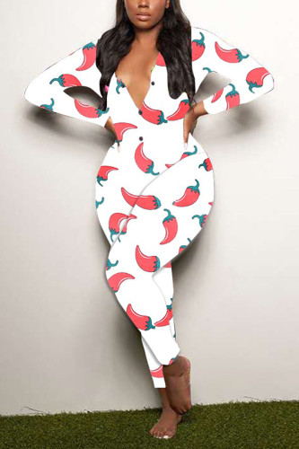 Red Living Print V Neck Skinny Jumpsuits