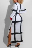 Vestidos brancos estilo britânico xadrez com fenda e decote irregular