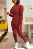 Combinaisons skinny basiques à la mode décontractées à col zippé rouge