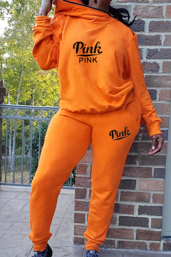 Orange Casual Print Letter Long Sleeve Two Pieces