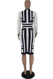 Black White Casual Striped Patchwork O Neck Long Sleeve Two Pieces