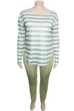 Green Casual Striped Print Patchwork O Neck Plus Size 