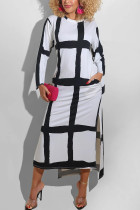 Vestidos brancos estilo britânico xadrez com fenda e decote irregular