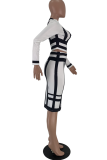Black White Casual Striped Patchwork O Neck Long Sleeve Two Pieces