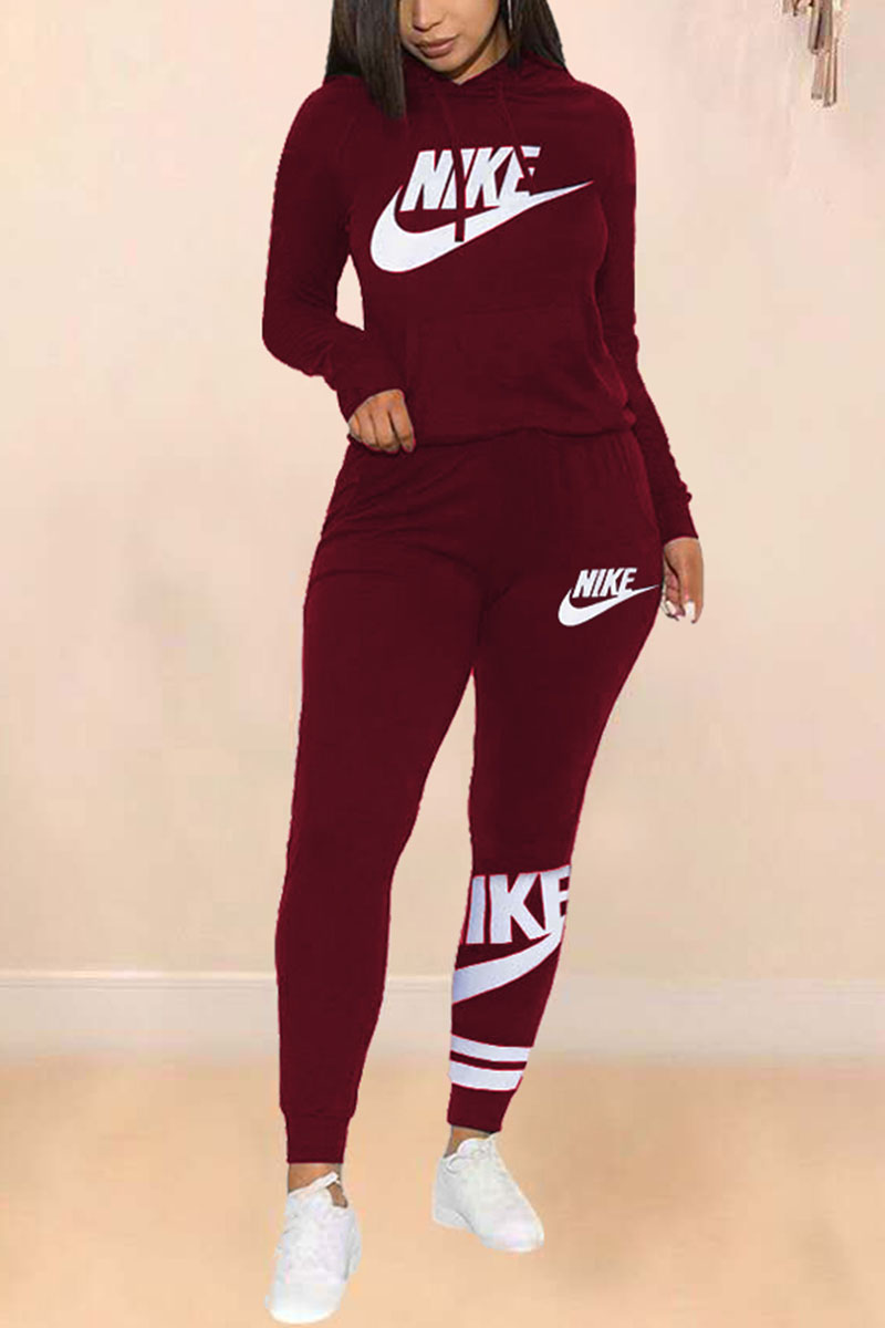 

Wine Red Sportswear Letter Print Embroidered Hooded Collar Long Sleeve Two Pieces