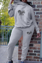 Grey Casual Print Letter Long Sleeve Two Pieces