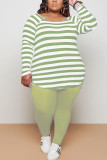 Green Casual Striped Print Patchwork O Neck Plus Size 