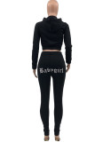 Black Casual Sportswear Letter Print Pocket Hooded Collar Long Sleeve Two Pieces