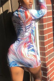 Multicolor Sexy Print O Neck Wrapped Skirt Dresses