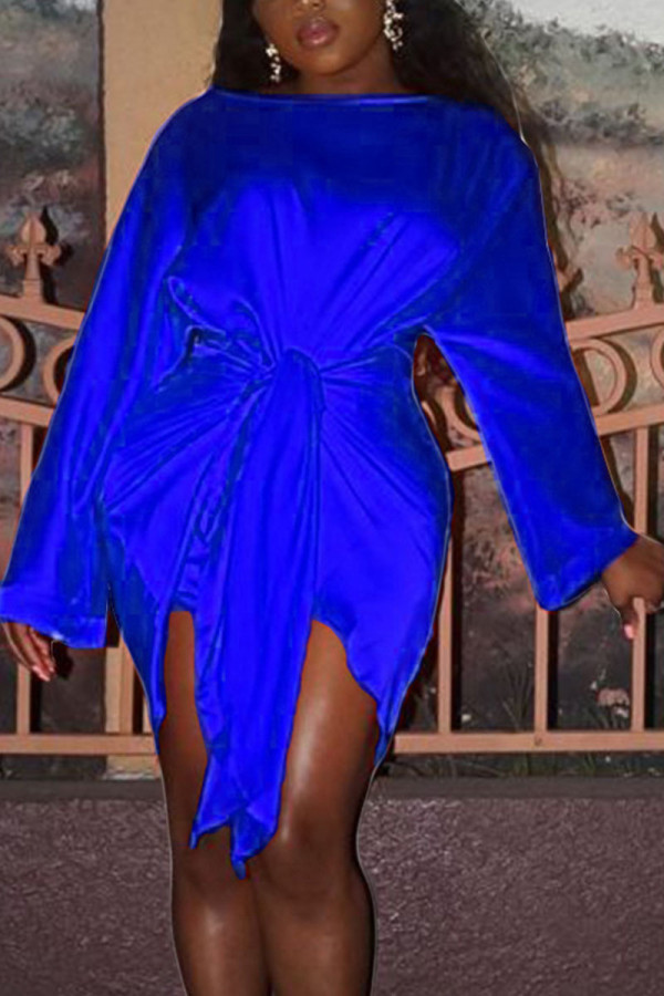 Robe de soirée en Satin bleu, Sexy, couleur unie, basique, noué, col rond, manches longues, longueur aux genoux, jupe crayon