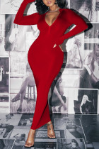 赤のセクシーなソリッドOネックラップスカートドレス