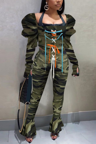 Army Green Sexy Casual Camouflage Print Strap Design Square Collar Long Sleeve Two Pieces