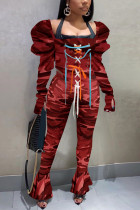 Красный бордовый сексуальный повседневный камуфляжный ремешок с квадратным воротником с длинным рукавом из двух частей