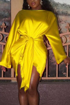 Yellow Fashion Sexy Party Satin Solid Basic Knotted O Neck Long Sleeve Knee Length Pencil Skirt Dresses