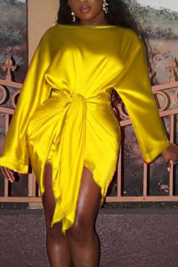 Amarelo moda sexy festa cetim sólido básico atado o pescoço manga longa na altura do joelho vestidos de saia lápis