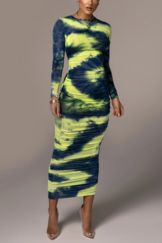 Blue Sexy Patchwork Tie-dye O Neck Sheath Dresses