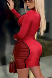 Rote, sexy, solide Patchwork-Kleider mit durchsichtigem Netzstoff und unregelmäßigem O-Ausschnitt