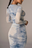 Blue Sexy Patchwork Tie-dye O Neck Sheath Dresses
