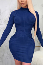 Синий сексуальный сплошной пэчворк с круглым вырезом юбка-карандаш платья