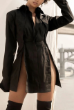 Black Casual Leopard Patchwork Turndown Collar Irregular Dress Dresses