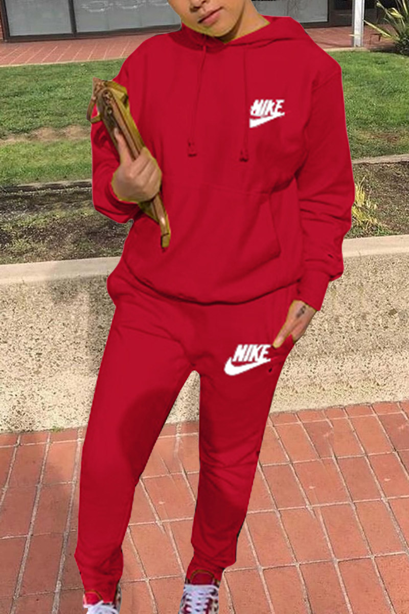 

Red Fashion Casual Letter Embroidery Basic Hooded Collar Long Sleeve Two Pieces