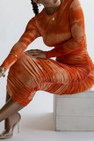 Tangerine Red Sexy Patchwork-Tie-Dye-Etuikleider mit O-Ausschnitt